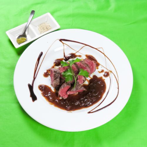 Roasted Miyazaki beef anchovy black thigh served with yuzu pepper