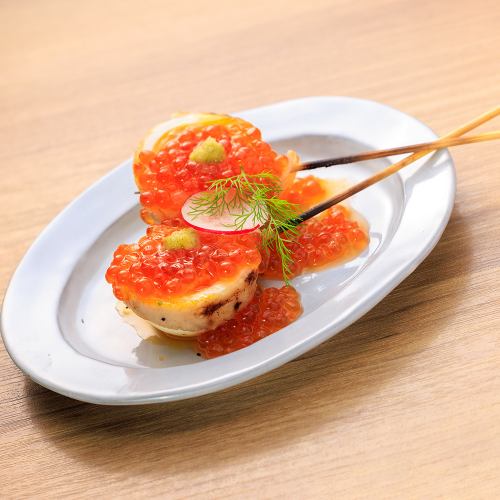 Soft-boiled egg roll with salmon roe and wasabi, Japanese style