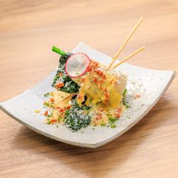 Spinach rolls with carbonara and parmesan cheese