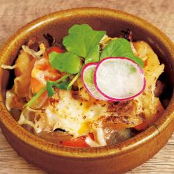 Grilled cheese, tomato, meat and potato stew