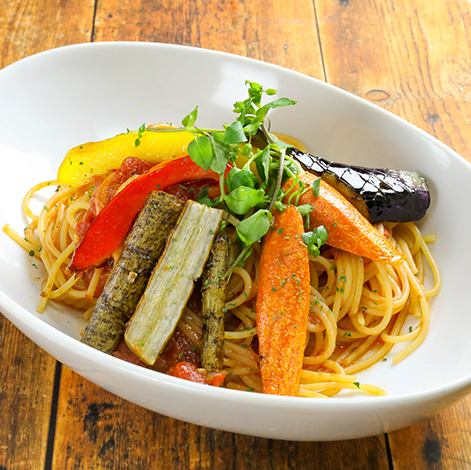 Farm vegetable pasta with tomato sauce