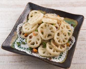 Fried lotus root with Japanese pepper