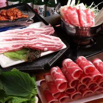 [Yaki plussu火鍋套餐]五花肉、豬肉素克特製火鍋、最後一道菜等[附120分鐘無限暢飲(L.o30)]共5道菜