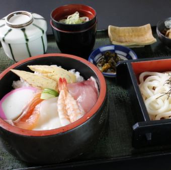 Chirashi sushi and mini udon set