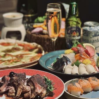 【会社宴会】魚屋刺盛寿司×ウニ牡蠣リブステーキ20種ワインブッフェ生付飲放120分￥5500⇒￥5000