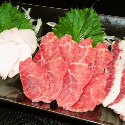 Assortment of three types of natural horsemeat sashimi