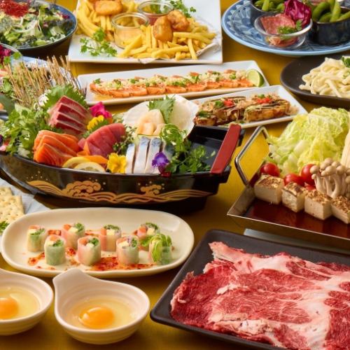 お刺身5点盛り合わせ付き【全10品】〈国産牛のすき焼きコース〉☆2時間飲み放題付5700円(税込)