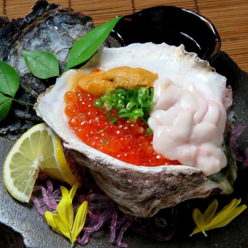 Raw oyster salmon roe topped with sea urchin milt 1 piece