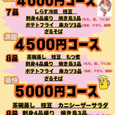 拝島庄や限定納得4000円コース。飲み放題付、全7品