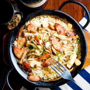 Chorizo and mushroom paella