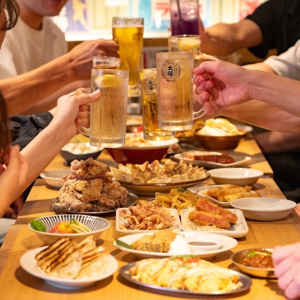 生ビール付き、当日予約OK！大衆酒場の人気メニューが楽しめる、飲み放題付きのお得なコースがございます★早い時間からOPENしているので、0次会やさく飲みにも使えます♪もちろん、会社宴会やサークルの打ち上げでも大歓迎！テーブル席とモニター完備ですので、お酒を飲みながら皆で野球観戦ができます！＜忘年会歓迎＞