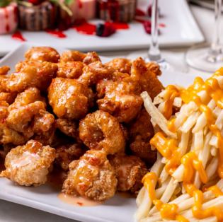 French fries and chicken fritters