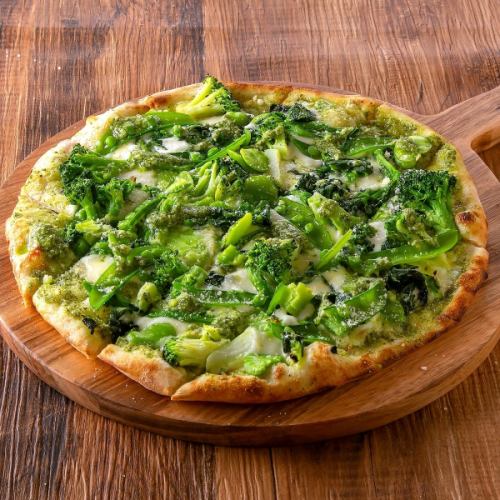 Spring vegetable pesto pizza