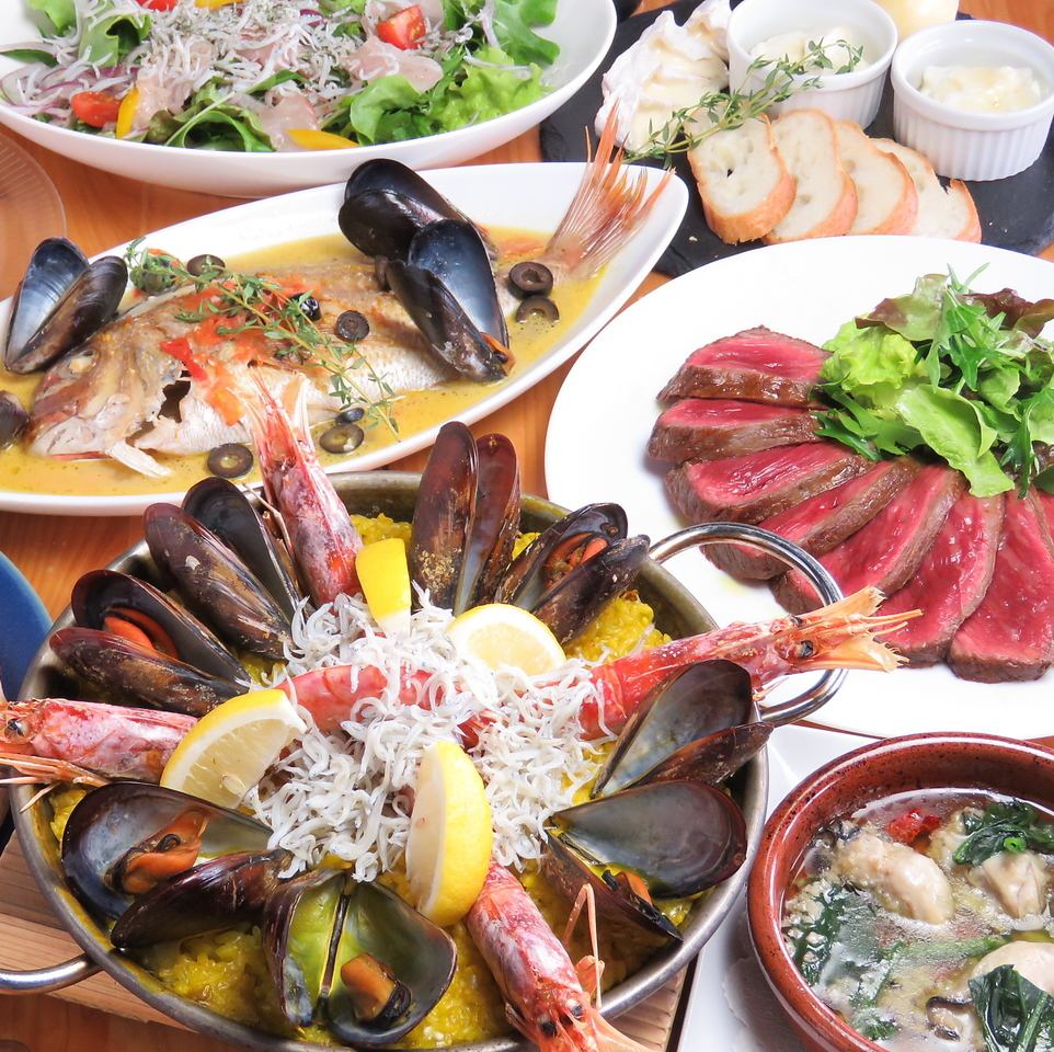 A shop where you can enjoy as much fish and meat as you like, including Setouchi fresh fish paella and beef steak.