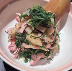 New bamboo shoots and hijiki seaweed dressed with pickled plum