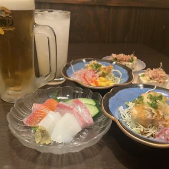 「超級超級超級」特惠套餐：2 杯飲料 + 3 種刺身、炸物和涼拌豆腐 [衛宮套餐 1320 日圓（含稅）]