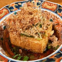 Freshly made deep-fried tofu with soy sauce or ponzu