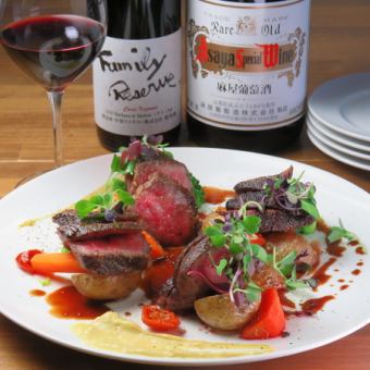 前日予約不可【飲放付】2時間　国産牛肉(仕入れで部位が変わります)と天然鮮魚のコース