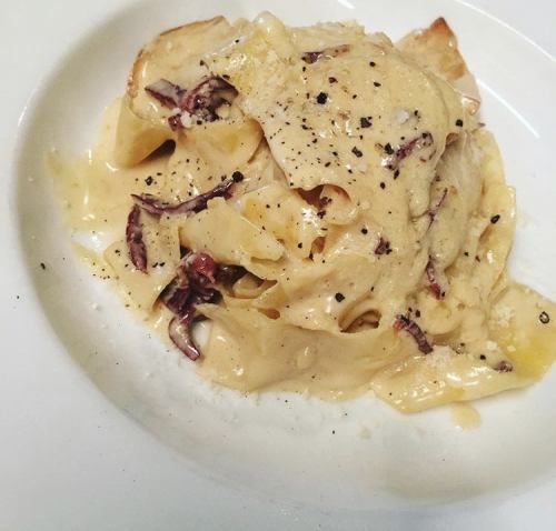 "Pappardelle ham and porcini mushroom cream sauce" using homemade fresh pasta