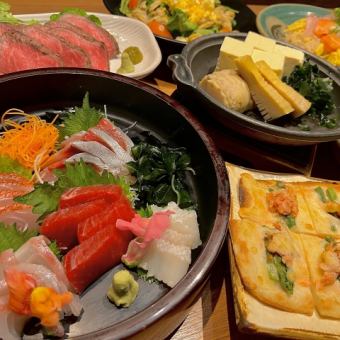 【5000円】柊コース◆刺身5点盛り、自家製ローストビーフなど全8品　飲み放題付！