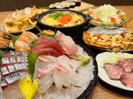 【5000円】満足コース◆刺身5点盛り、自家製ローストビーフなど全8品　飲み放題付！