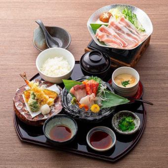 Sashimi, tempura, Hiyoshi pork and soy milk hotpot set meal