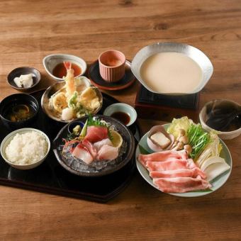 お造りと天婦羅、日吉豚の豆乳鍋御膳