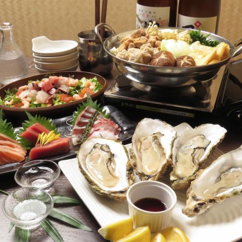 忘年会【極みコース】5000円3時間飲み放題&元力士の塩ちゃんこ鍋にマグロ入り鮮魚4点盛や生牡蠣