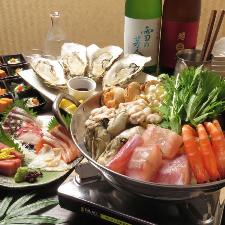 忘年会【至福コース】6000円飲み放題3時間&極上海鮮ちゃんこ鍋や本マグロ入り鮮魚5点盛に生牡蠣