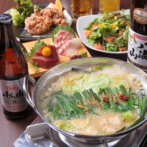【大人気！もつ鍋付き名物コース】【もつ鍋】【鮮魚3点盛り】3時間飲み放題付コースプラン4500円