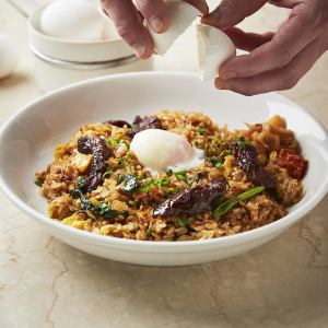 Rich and delicious fried rice with beef skirt steak and soft-boiled egg
