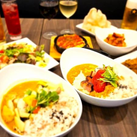 ◎カレーとからあげ食べ放題☆おつまみ5品の生ビール・ワイン付　飲み放題コース【3時間】