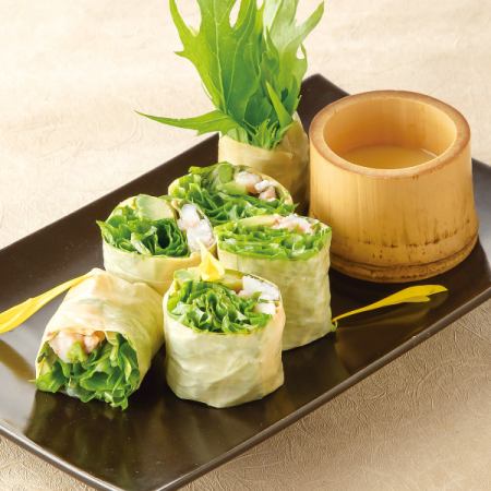 Shrimp and avocado spring rolls with fresh yuba