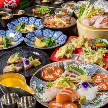 【一番人気】こだわり鮮魚のお造り五種に地魚の煮付/肉寿司など 全9品 6,000円〈2時間飲み放題〉