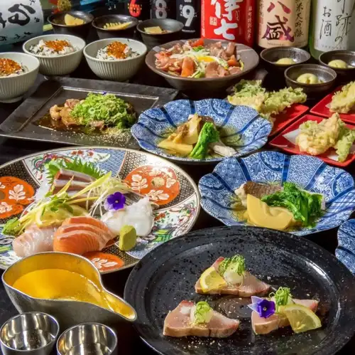 【2時間飲み放題付】接待や納涼会に！本日のお造り盛り合わせ、名物原始焼きと握り寿司を堪能