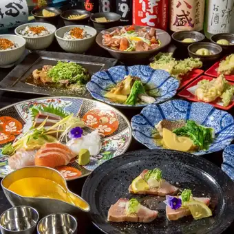 【2時間飲み放題付】鰆の藁焼き・国産牛サーロイン・お造り5種盛りを楽しむ豪華コース 7500円