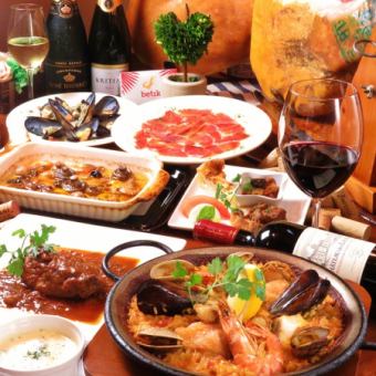 [7-course standard large plate with all-you-can-drink course 5,850 yen] Authentic paella, ajillo, meat dishes, omelets, etc.