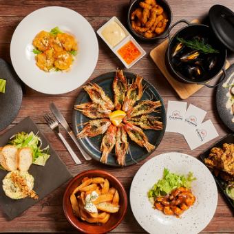 【名品！附太阳虾】牡蛎、虾、蟹全明星套餐8道菜+2小时无限畅饮6,000日元（不含税）