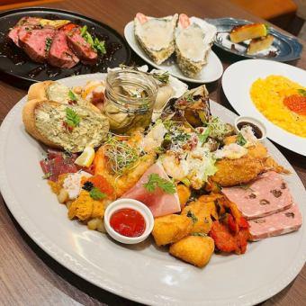 【飲放2H5,000円】「海老・牡蠣・蟹」の前菜15品プレートと食事からデザートまで楽しめるコース