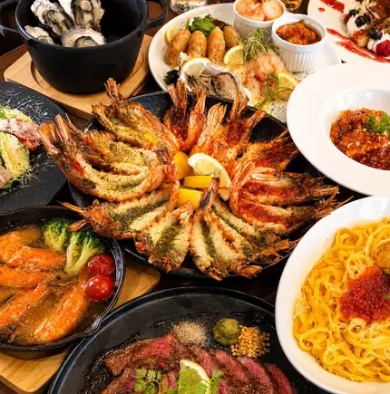 4,500 yen: Seafood Bistro Feast Course - 7 dishes including shrimp, crab, oysters & Japanese Black Wagyu beef + 120 minutes of all-you-can-drink