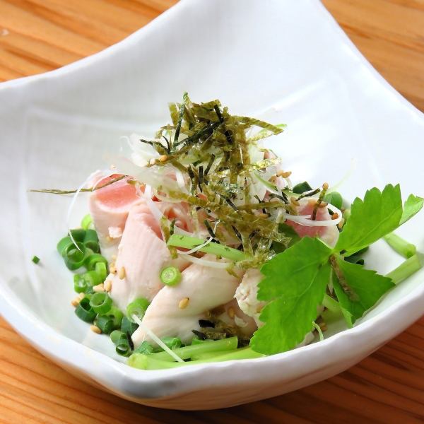 Chicken and mitsuba dressed in wasabi and soy sauce