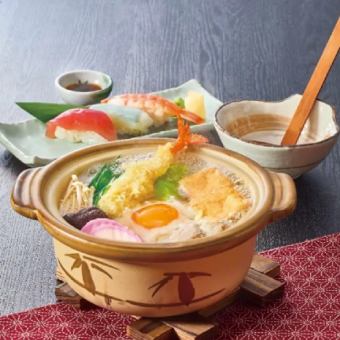 なべ焼うどんと寿司セット
