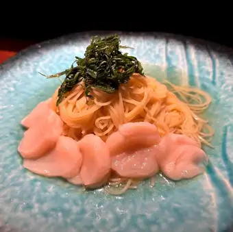Cold peperoncino with scallops, salted rice malt, and yuzu pepper.