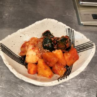 Assortment of three types of kimchi (Napa cabbage, kkakdugi, and oi kimchi)