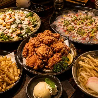 【３H飲放】大分名物中津唐揚げ×九州ごぼう天うどんや鮮魚の逸品『筑』全7品4230円⇒3480円