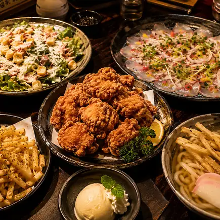 【3H飲放】大分名物中津唐揚げ×九州ごぼう天うどんや鮮魚の逸品『筑』全7品4230円⇒3480円
