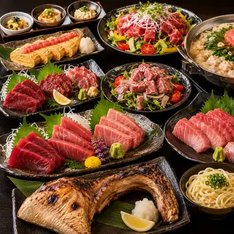  【３H飲放】博多明太牛もつ鍋×本鮪希少部位や特選馬刺し二種盛り『豊』全9品6820円⇒5980円