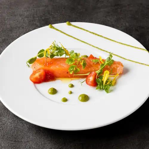 Marinated Atlantic salmon with roasted miso and shiso aioli sauce.