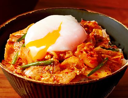 Pork kimchi topped with warm egg