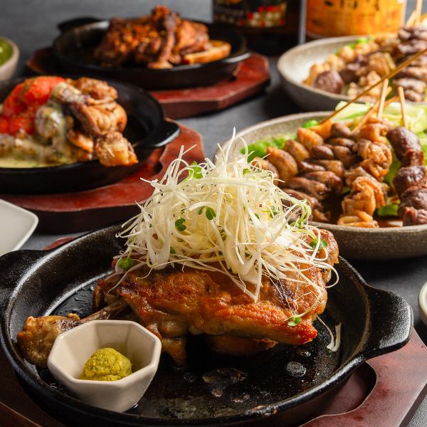 炭火鳥料理の食感のシンフォニー♪ぷりぷり、ジューシー。骨付き鳥は早遅割で毎日半額に！